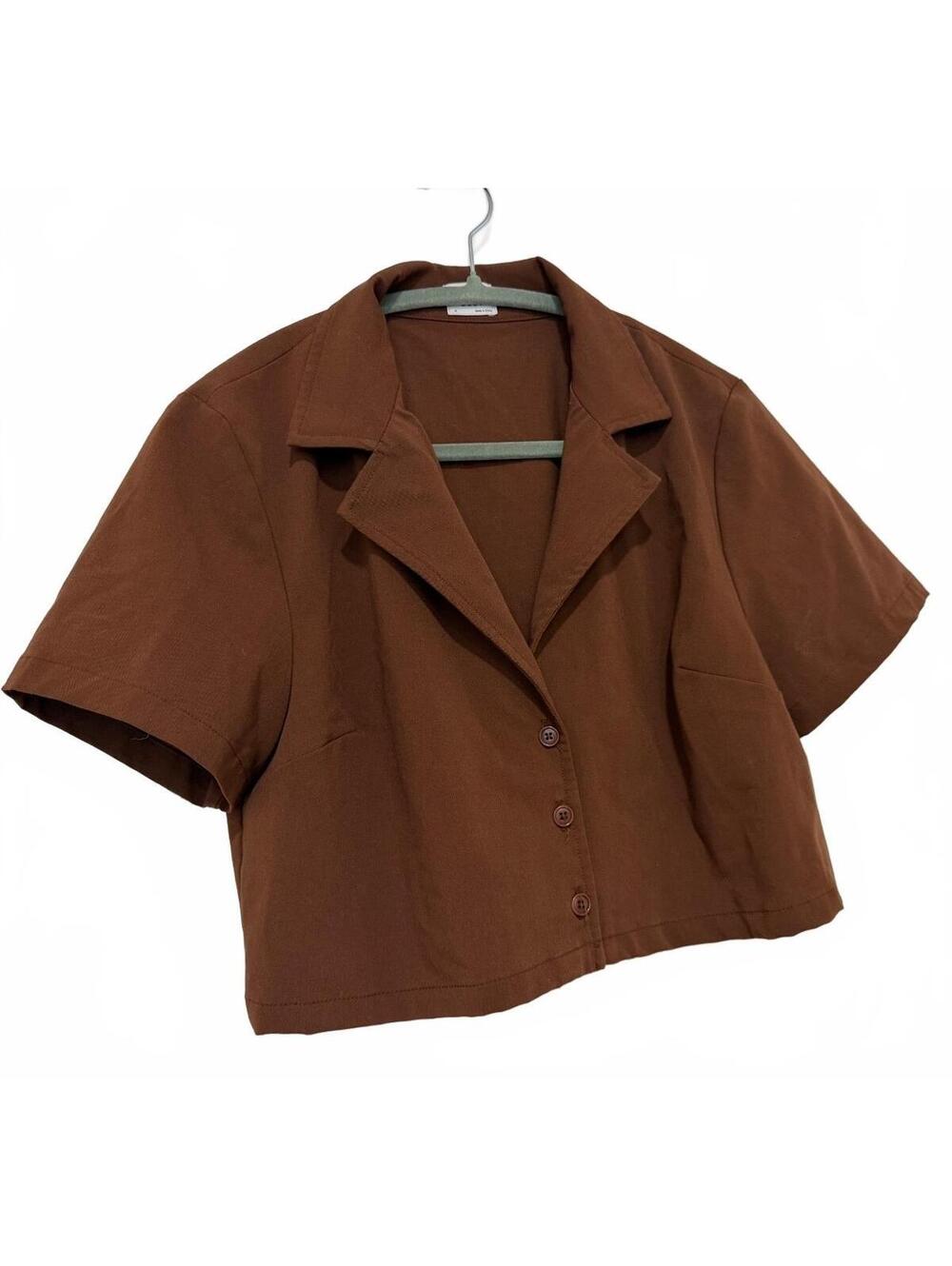 Sunday Best Brown Cropped Button-Up Blouse, Size M